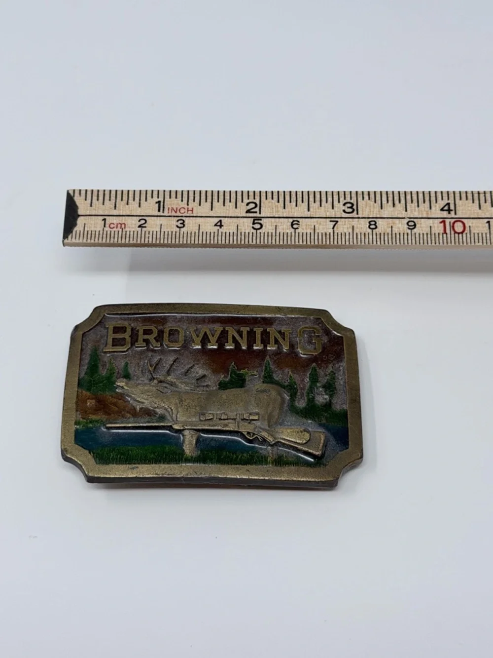 Browning Metal Belt Buckle with Green and Blue Enamel Accents